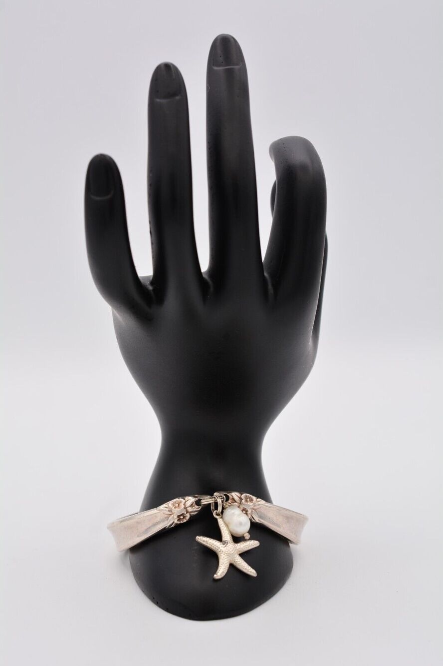 Roger Brothers Vintage Bracelet Silver Plated Starfish Pearl Charm Garland Bin7